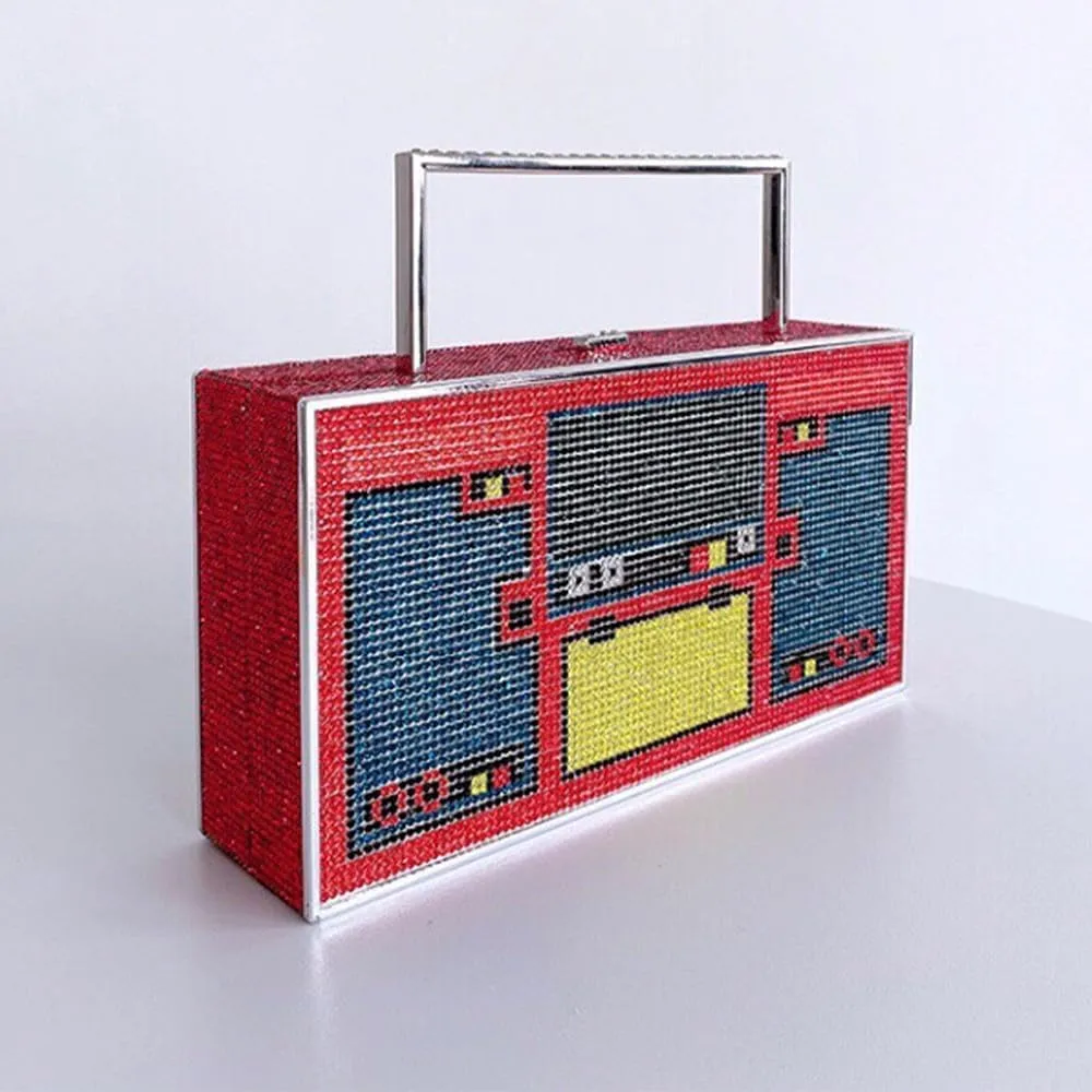 Retro Shoulder Handbag Unique Purse Bride Purse Rhinestone Clutch Purses for Women Bling Purse Diamond Purse Radio Red-1