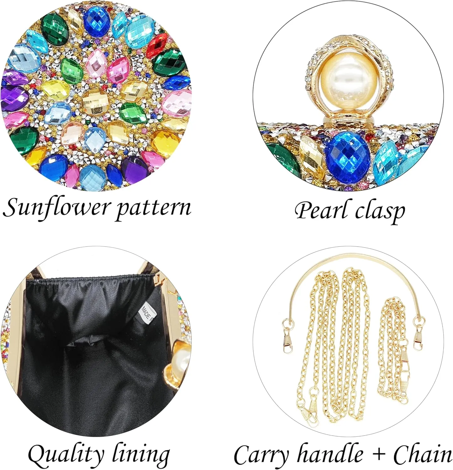 Rhinestone Clutch Purses for Women Evening Wedding Formal - Round Pearl Clasp Handbag - Crystal Diamond Bag