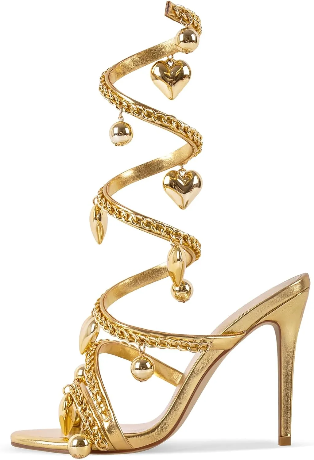 richealnini Gold Chains Spiral Strap Heels for Women Ankle Strap Stiletto Heeled Sandals with Golden Ball and Heart