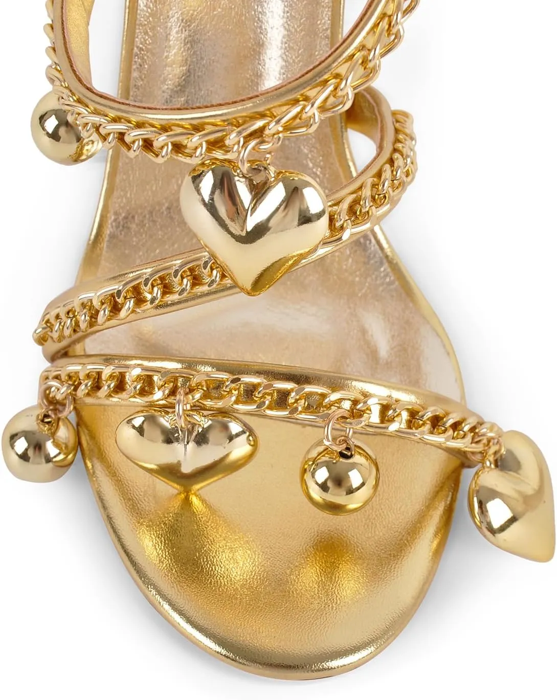 richealnini Gold Chains Spiral Strap Heels for Women Ankle Strap Stiletto Heeled Sandals with Golden Ball and Heart