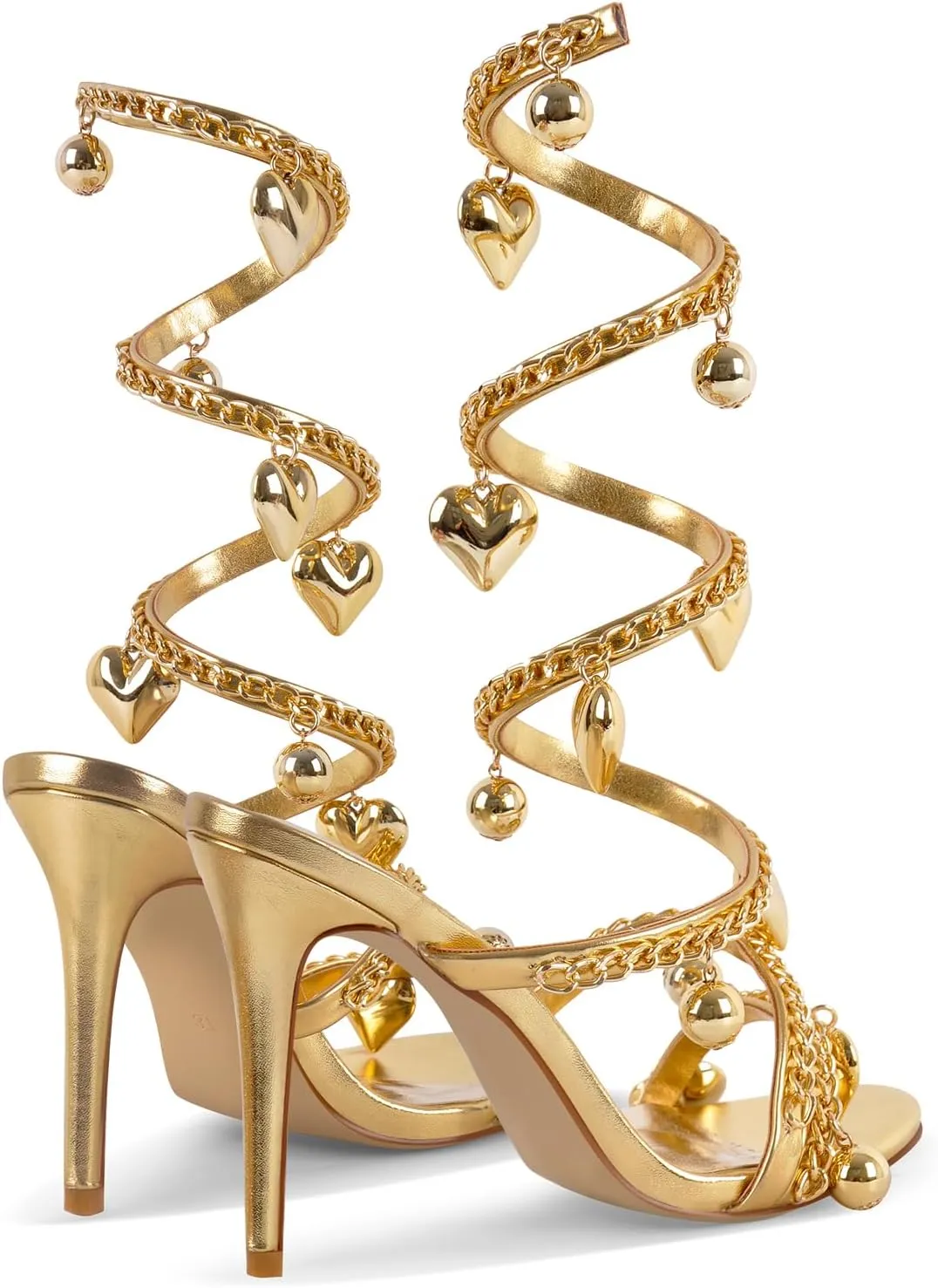 richealnini Gold Chains Spiral Strap Heels for Women Ankle Strap Stiletto Heeled Sandals with Golden Ball and Heart