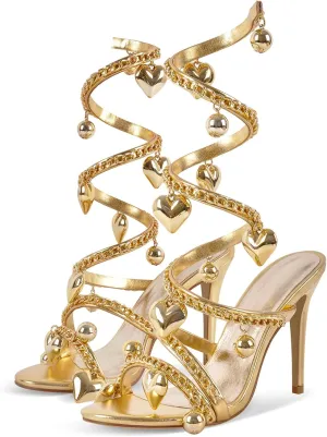 richealnini Gold Chains Spiral Strap Heels for Women Ankle Strap Stiletto Heeled Sandals with Golden Ball and Heart