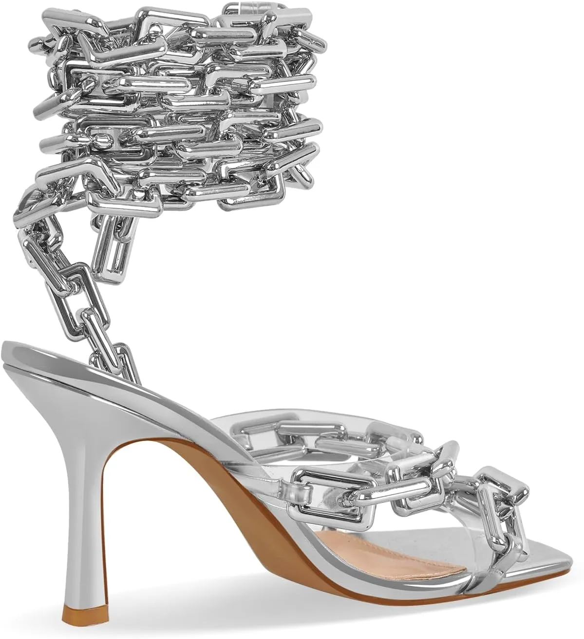 richealnini Strappy Sandals with Gold Chains for Women Square Toe Stiletto High Heels