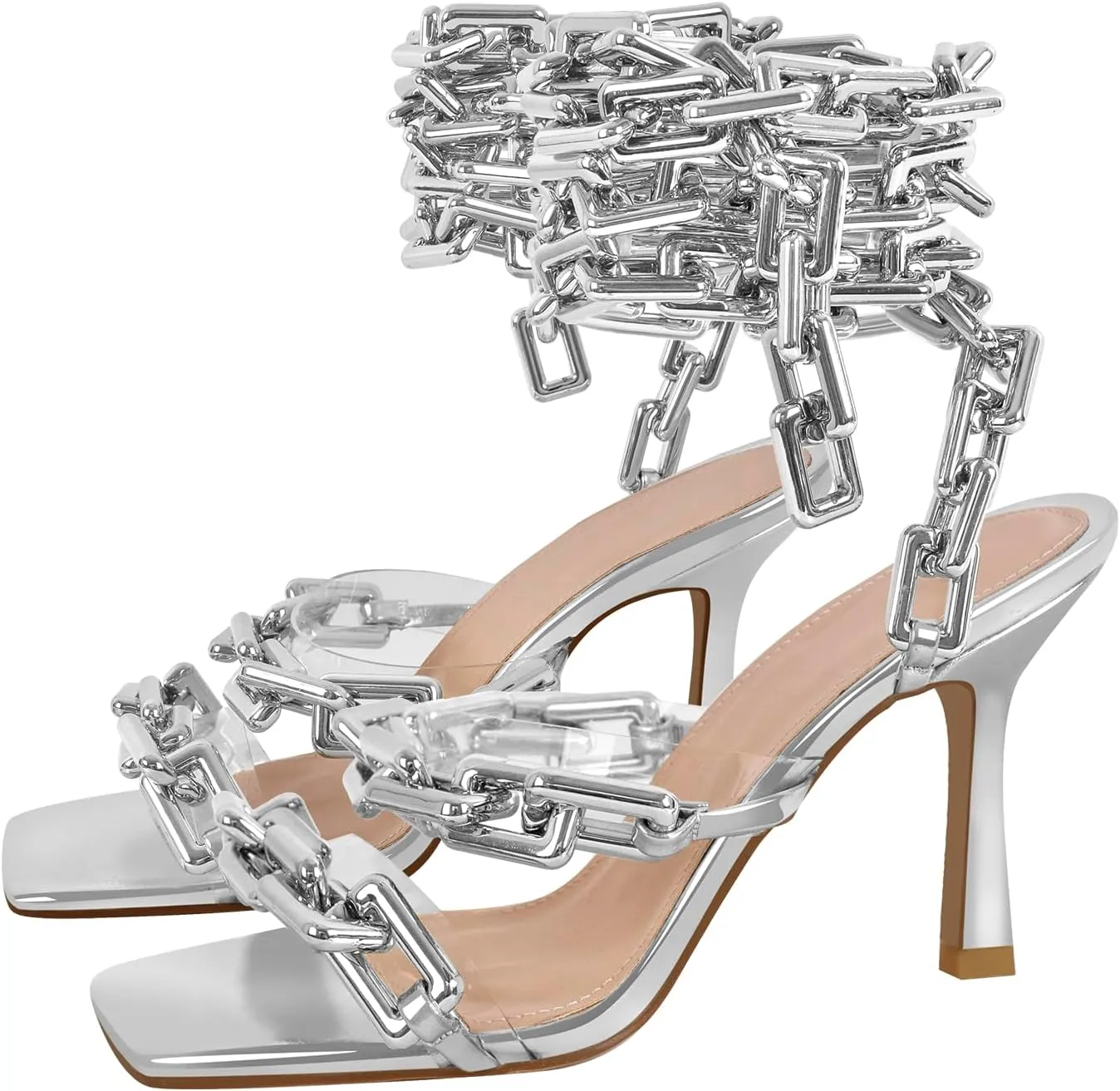 richealnini Strappy Sandals with Gold Chains for Women Square Toe Stiletto High Heels