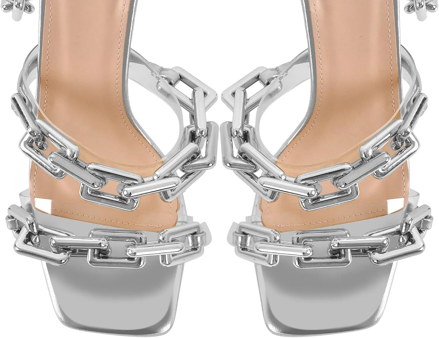 richealnini Strappy Sandals with Gold Chains for Women Square Toe Stiletto High Heels