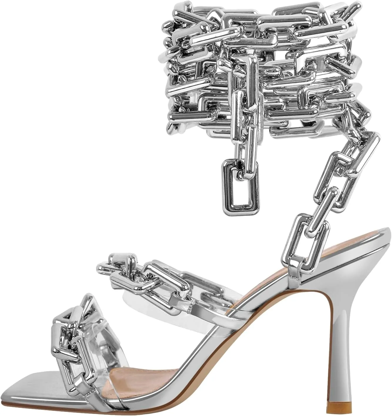 richealnini Strappy Sandals with Gold Chains for Women Square Toe Stiletto High Heels