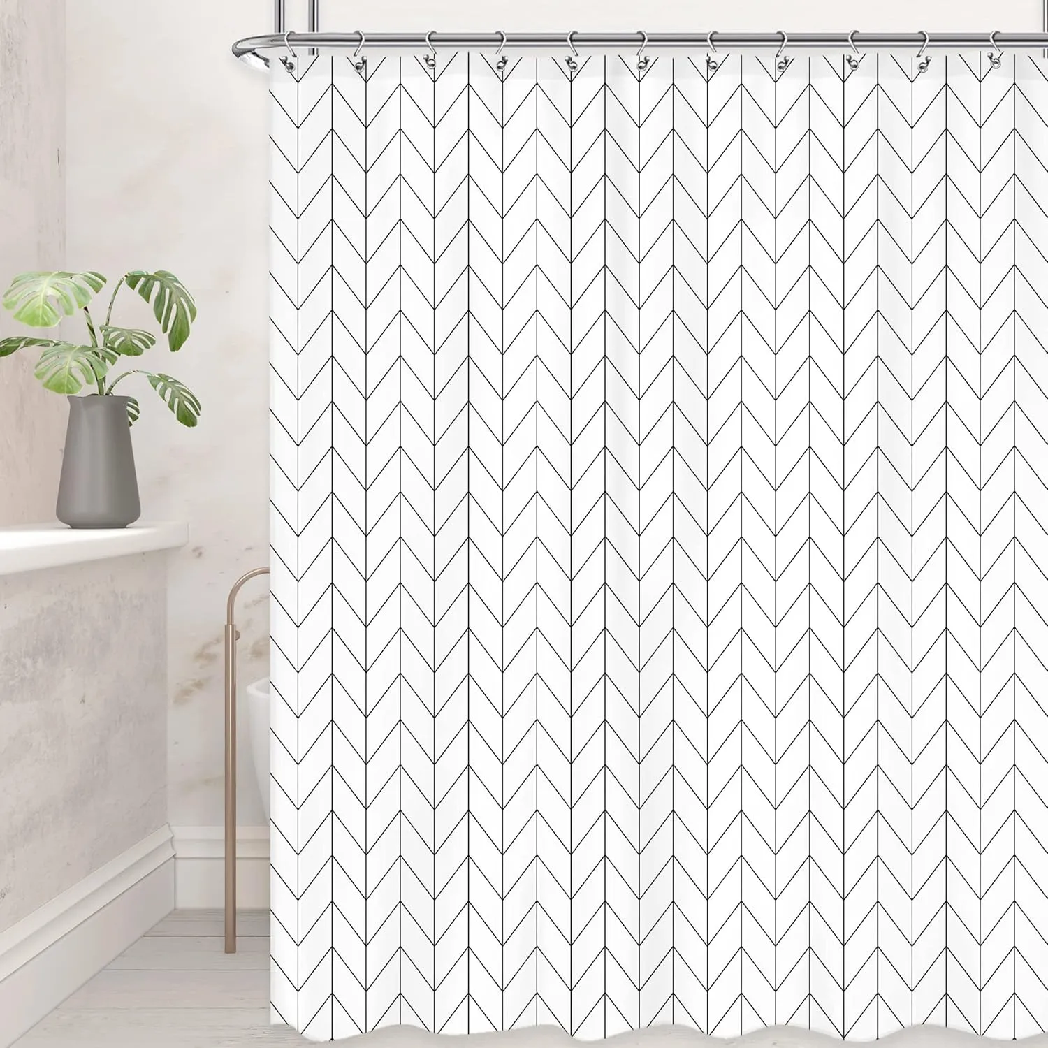 Riyidecor Chevron Shower Curtain Geometric Herringbone 72Wx96H Inch Striped Extra Long Simple Modern Classy Neutral Contemporary 12 Pack Metal Hooks Decor Fabric Bathroom Set Polyester Waterproof