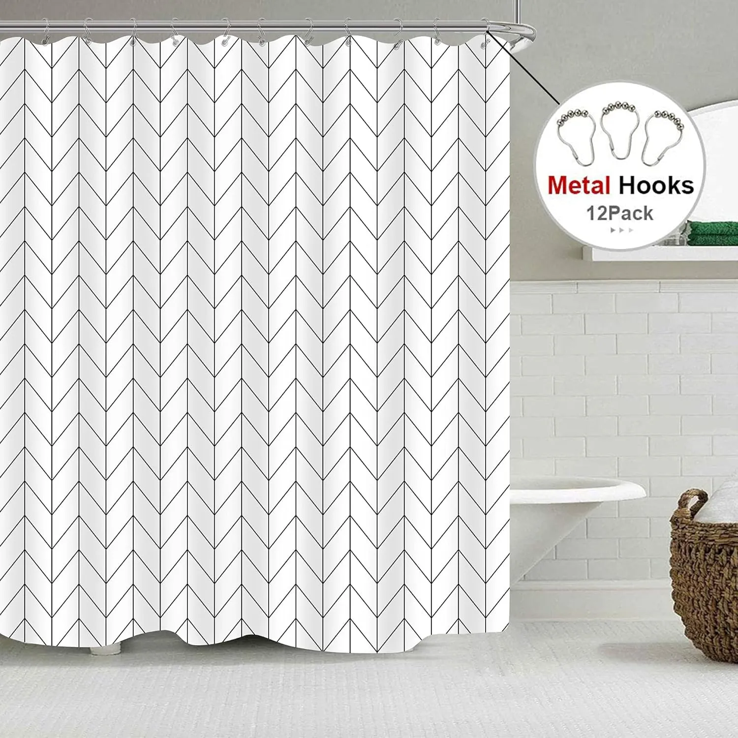 Riyidecor Chevron Shower Curtain Geometric Herringbone 72Wx96H Inch Striped Extra Long Simple Modern Classy Neutral Contemporary 12 Pack Metal Hooks Decor Fabric Bathroom Set Polyester Waterproof