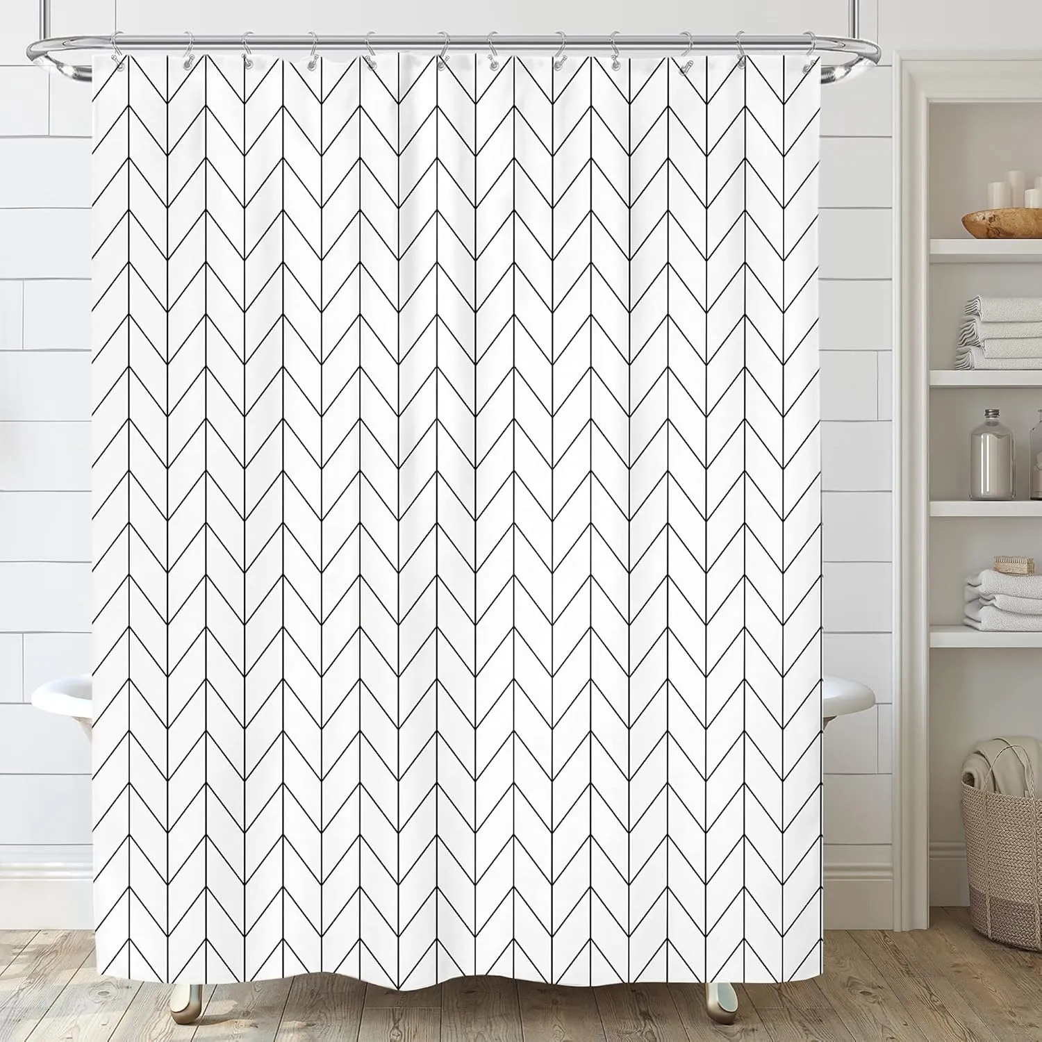 Riyidecor Chevron Shower Curtain Geometric Herringbone 72Wx96H Inch Striped Extra Long Simple Modern Classy Neutral Contemporary 12 Pack Metal Hooks Decor Fabric Bathroom Set Polyester Waterproof