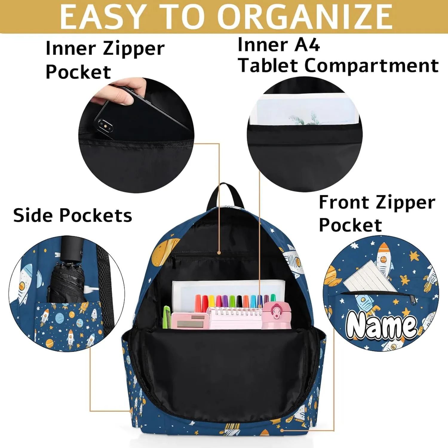 Rocket Personalized Backpack Bag with Name Lightweight Custom Shoulder Bags Waterproof Casual Backpacks Travel Laptop Bag 15.1in