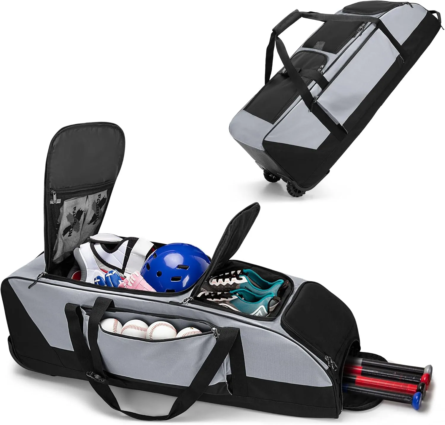 Rolling Baseball Softball Bag with Wheels for 4 Bats, Baseball Duffle Bag with Separate Shoe Space and Multiple Pockets for Softball Equipment, Gray