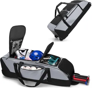 Rolling Baseball Softball Bag with Wheels for 4 Bats, Baseball Duffle Bag with Separate Shoe Space and Multiple Pockets for Softball Equipment, Gray