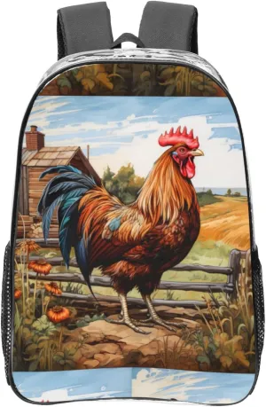 Rooster on Wood in Farmland Print Transparent Backpack PVC Bag Spacious Compartments Men Women Trip And Daily Use