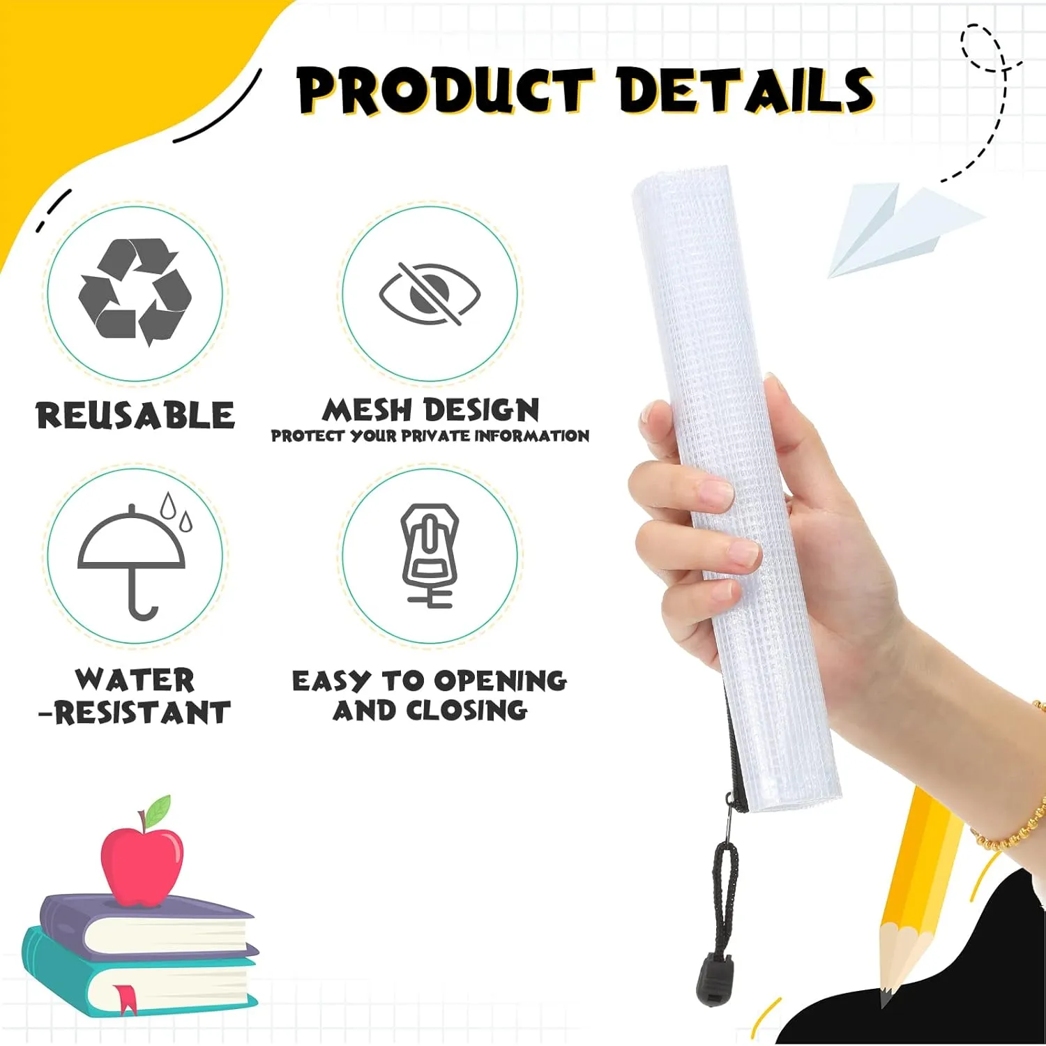 Roowest 48 Pcs A5 Mesh Zipper Pouch Plastic Zipper Pouch Clear Pencil Waterproof Bag with Multipurpose Mesh Storage Bag for School Office(Black)