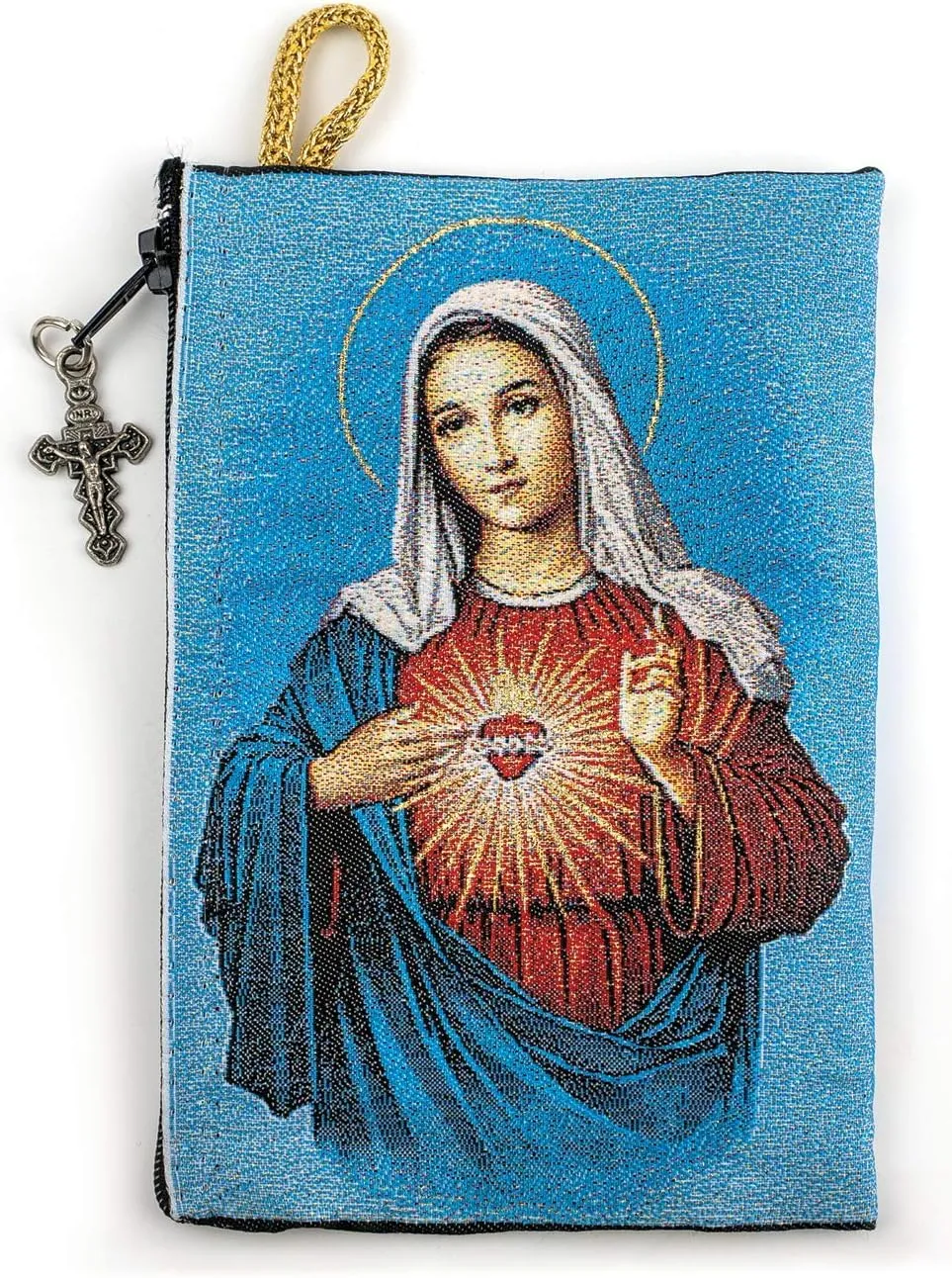 Rosary Pouch with Olive Wood Catholic Rope Rosary from Israel, Virgin Mary Immaculate Heart & Miraculous Medal Symbol Woven Fabric Tapestry Style Icon Travel Bag, Religious Catholic Gift Set
