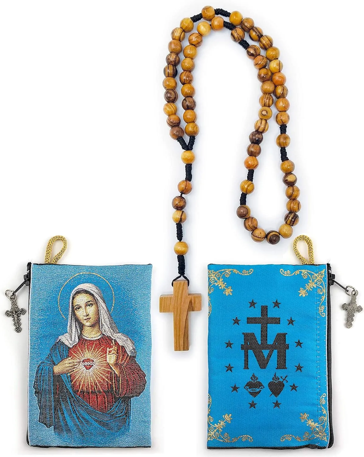 Rosary Pouch with Olive Wood Catholic Rope Rosary from Israel, Virgin Mary Immaculate Heart & Miraculous Medal Symbol Woven Fabric Tapestry Style Icon Travel Bag, Religious Catholic Gift Set