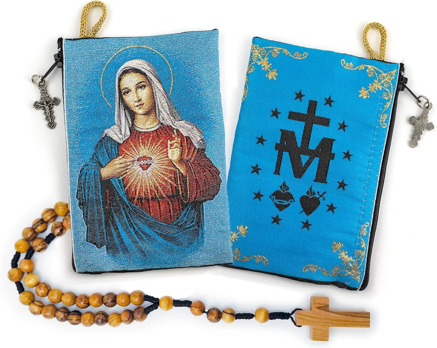 Rosary Pouch with Olive Wood Catholic Rope Rosary from Israel, Virgin Mary Immaculate Heart & Miraculous Medal Symbol Woven Fabric Tapestry Style Icon Travel Bag, Religious Catholic Gift Set