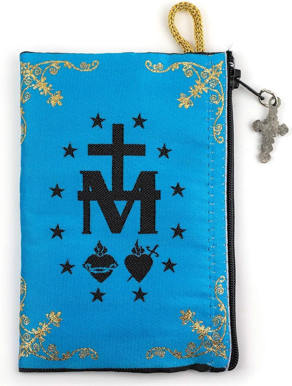 Rosary Pouch with Olive Wood Catholic Rope Rosary from Israel, Virgin Mary Immaculate Heart & Miraculous Medal Symbol Woven Fabric Tapestry Style Icon Travel Bag, Religious Catholic Gift Set