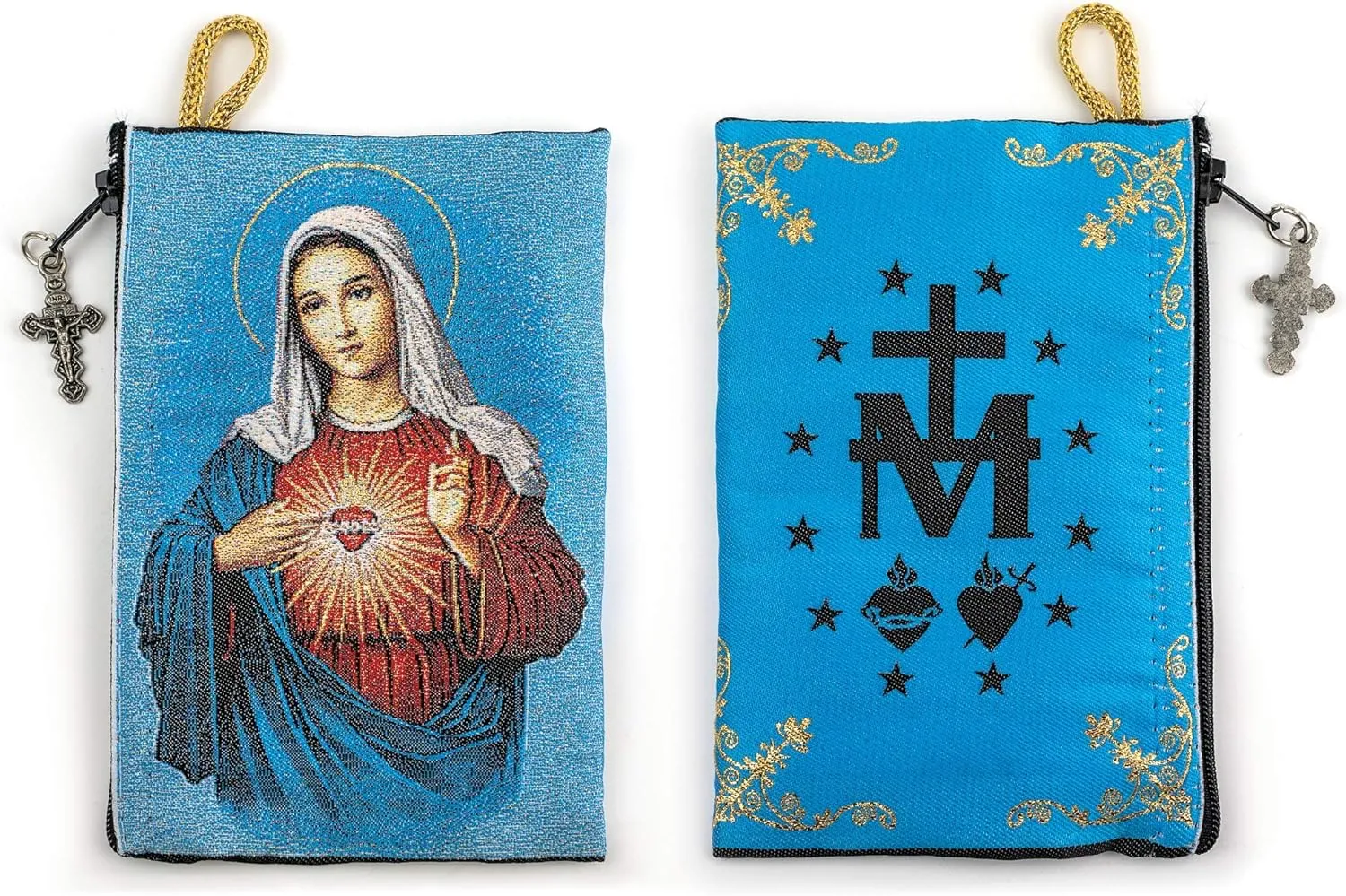 Rosary Pouch with Olive Wood Catholic Rope Rosary from Israel, Virgin Mary Immaculate Heart & Miraculous Medal Symbol Woven Fabric Tapestry Style Icon Travel Bag, Religious Catholic Gift Set