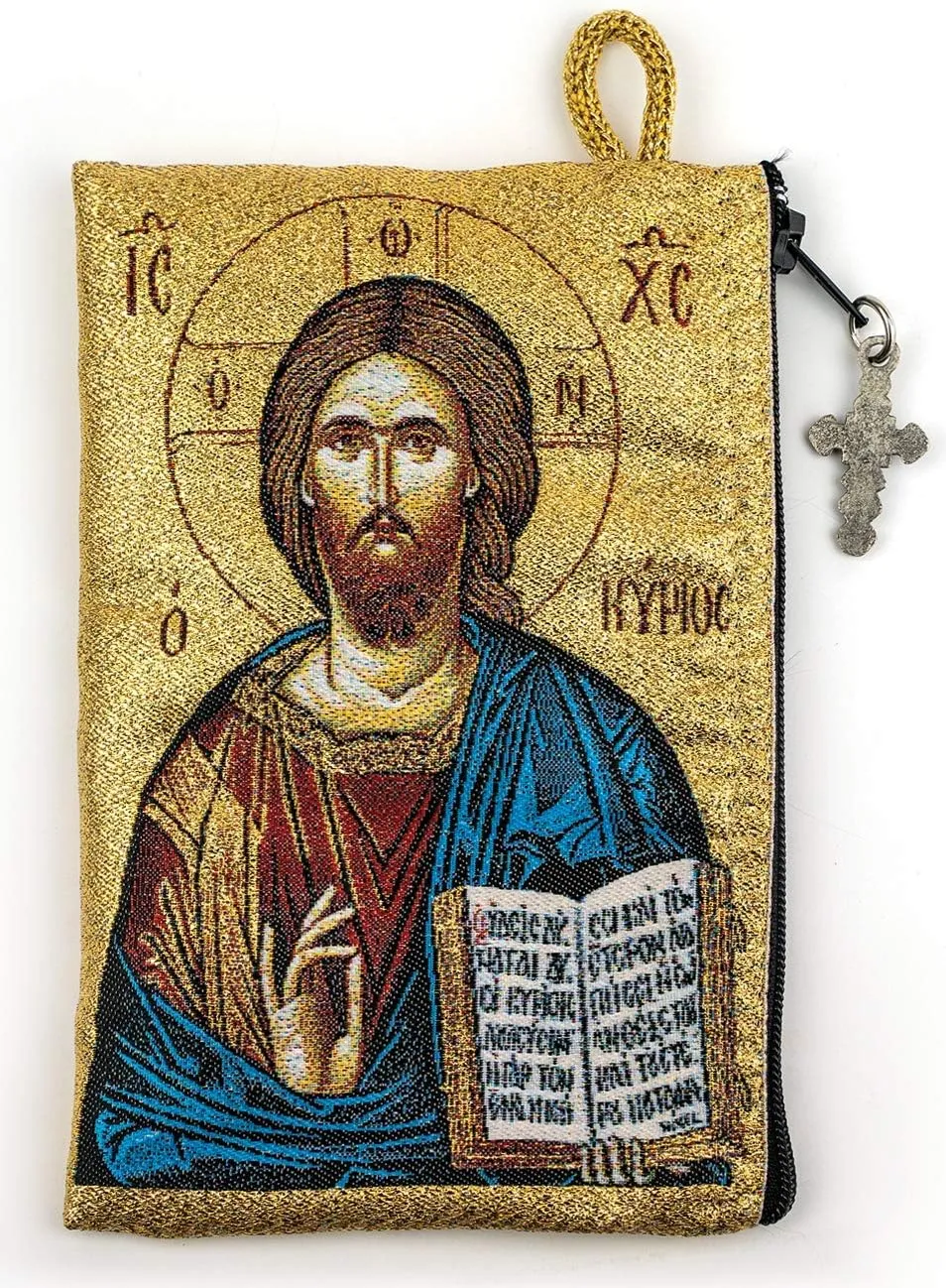 Rosary Pouch with Olive Wood Catholic Rope Rosary from Israel, Virgin Mary Sweet Kiss & Jesus King of The Universe, Woven Fabric Tapestry Style Icon Travel Bag, Religious Catholic Gift Set