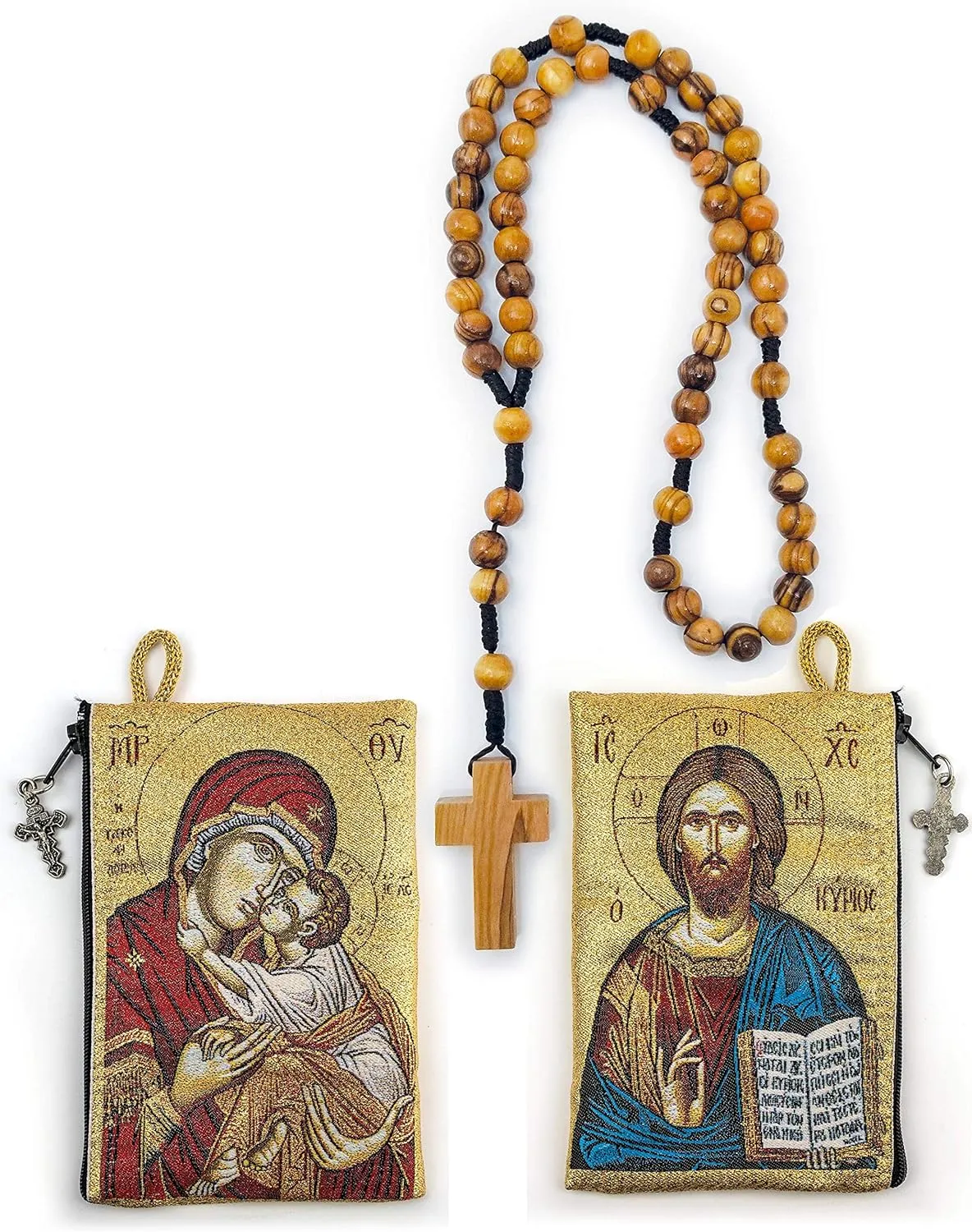 Rosary Pouch with Olive Wood Catholic Rope Rosary from Israel, Virgin Mary Sweet Kiss & Jesus King of The Universe, Woven Fabric Tapestry Style Icon Travel Bag, Religious Catholic Gift Set