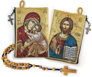 Rosary Pouch with Olive Wood Catholic Rope Rosary from Israel, Virgin Mary Sweet Kiss & Jesus King of The Universe, Woven Fabric Tapestry Style Icon Travel Bag, Religious Catholic Gift Set