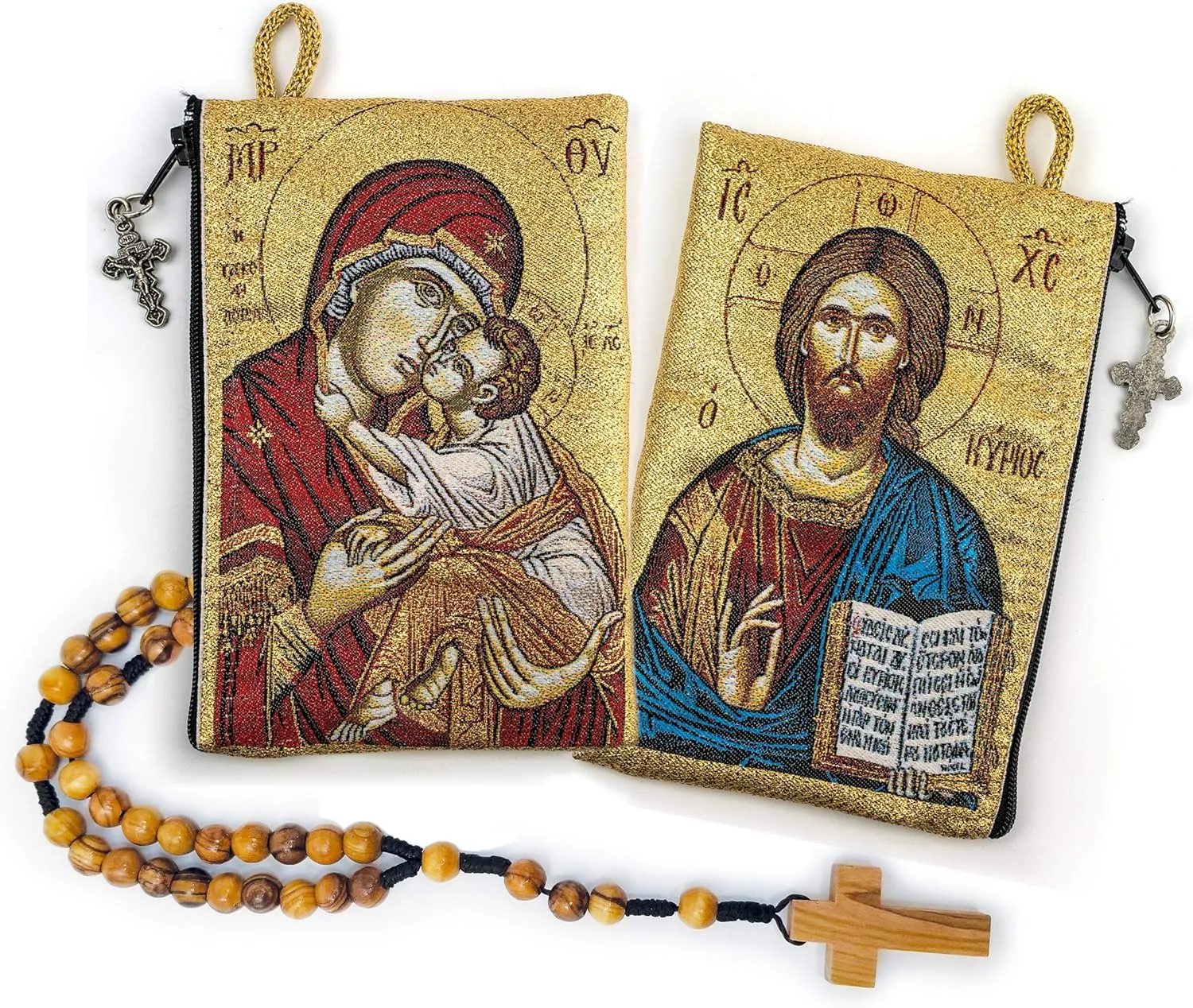 Rosary Pouch with Olive Wood Catholic Rope Rosary from Israel, Virgin Mary Sweet Kiss & Jesus King of The Universe, Woven Fabric Tapestry Style Icon Travel Bag, Religious Catholic Gift Set
