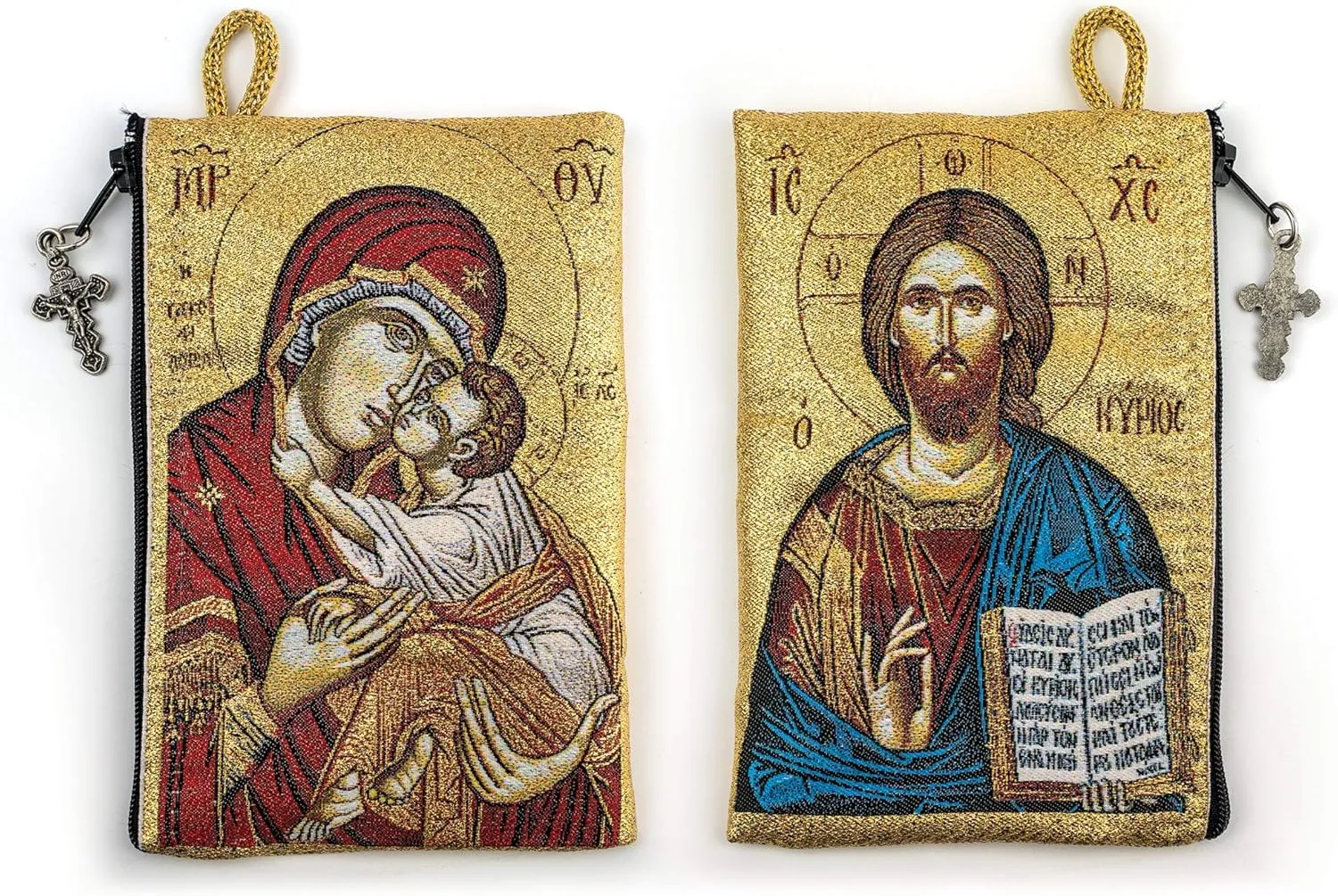 Rosary Pouch with Olive Wood Catholic Rope Rosary from Israel, Virgin Mary Sweet Kiss & Jesus King of The Universe, Woven Fabric Tapestry Style Icon Travel Bag, Religious Catholic Gift Set