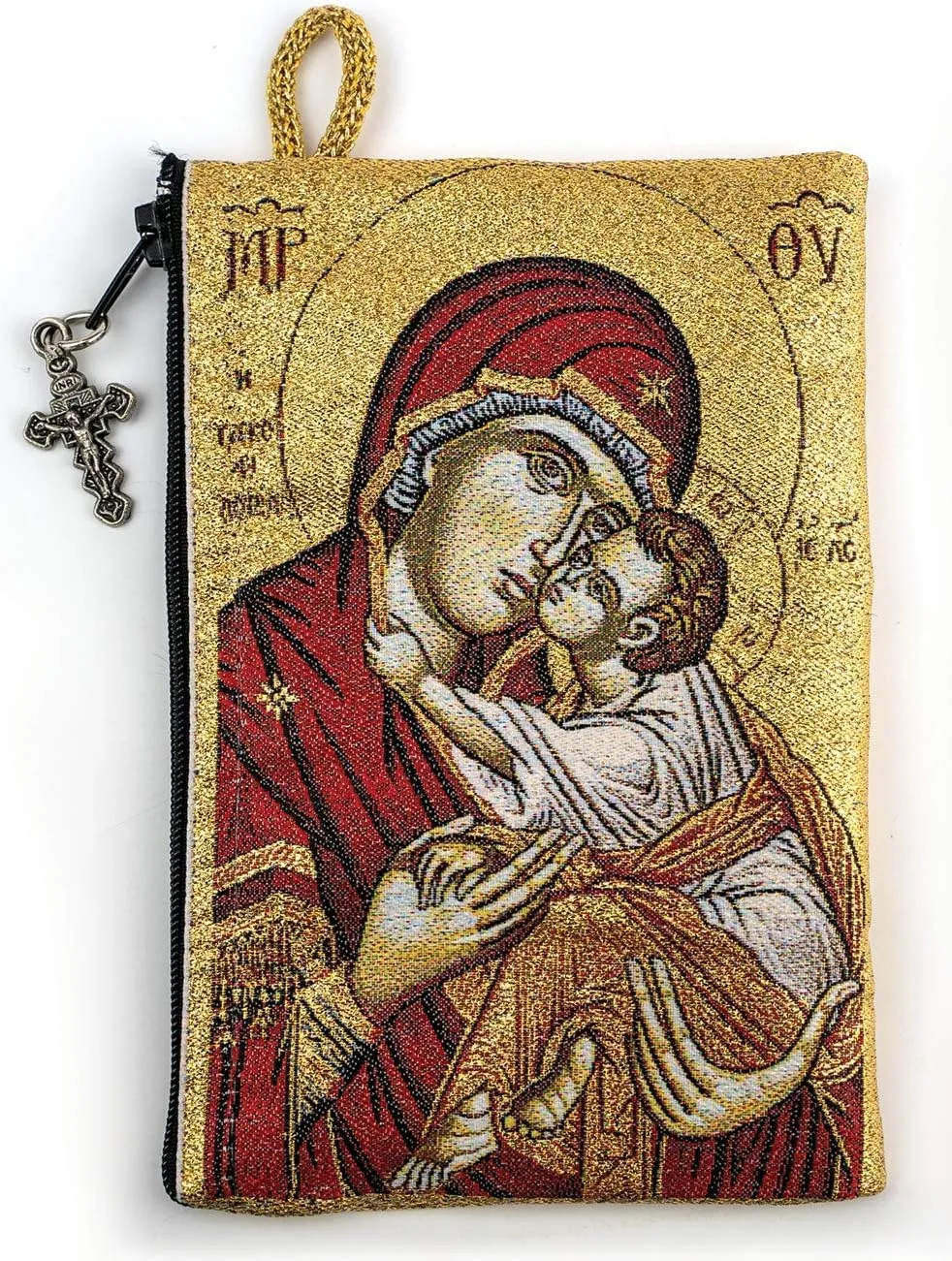 Rosary Pouch with Olive Wood Catholic Rope Rosary from Israel, Virgin Mary Sweet Kiss & Jesus King of The Universe, Woven Fabric Tapestry Style Icon Travel Bag, Religious Catholic Gift Set