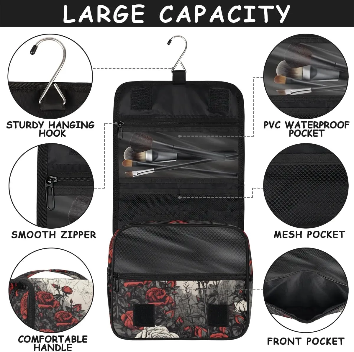 Rose Hanging Travel Toiletry Bag for Kids, Women Cosmetic Organizer Makeup Bag Pouch Men Shaving Dopp Kit Shower Bag With Sturdy Hook