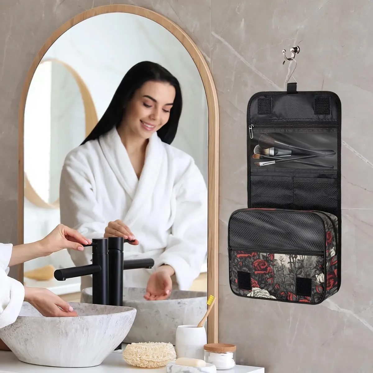 Rose Hanging Travel Toiletry Bag for Kids, Women Cosmetic Organizer Makeup Bag Pouch Men Shaving Dopp Kit Shower Bag With Sturdy Hook