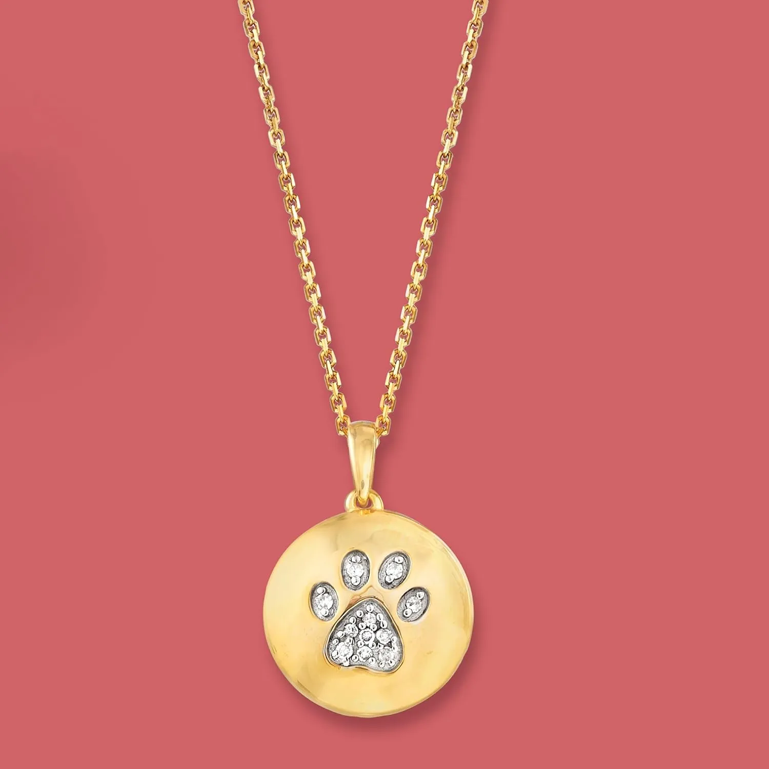 Ross-Simons Diamond Paw Print Circle Pendant Necklace in 18kt Gold Over Sterling