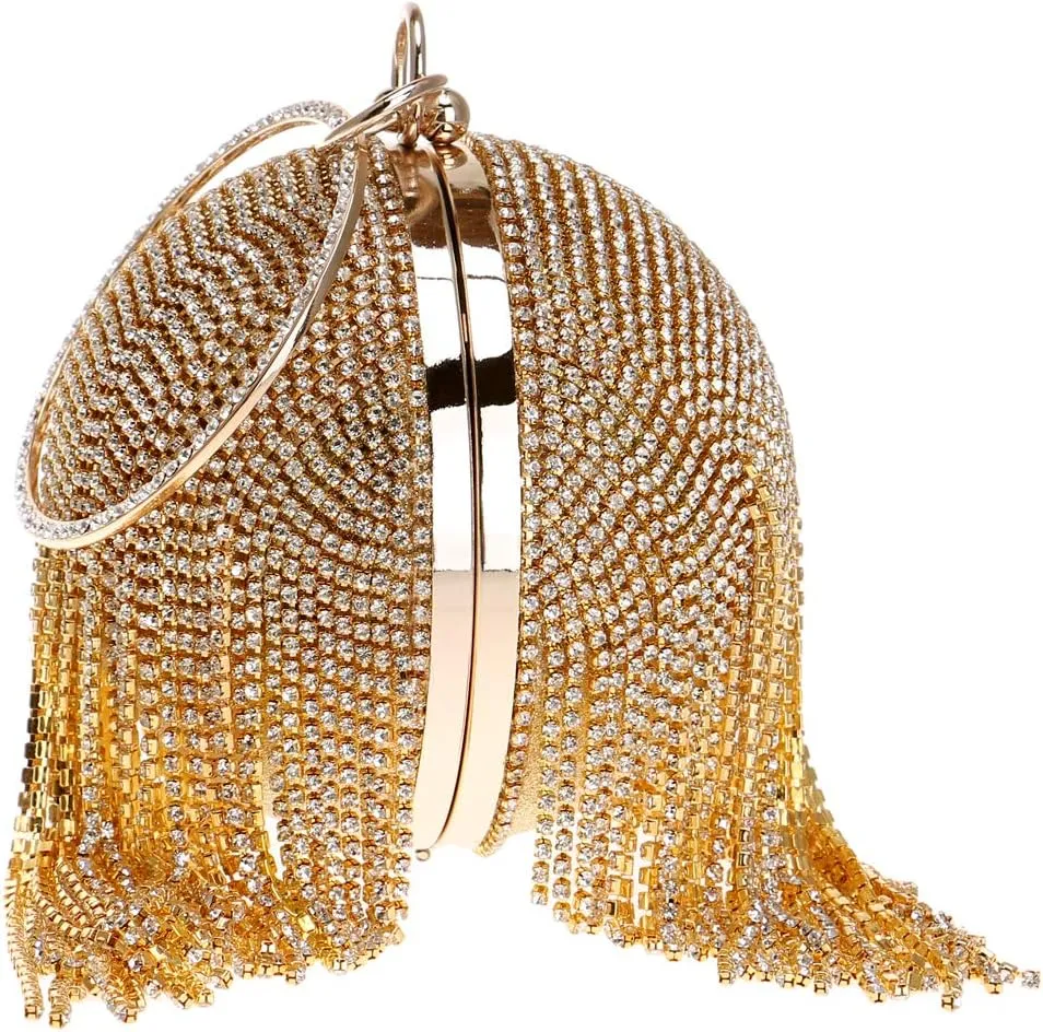 Round Ball Clutch Purse Women Crystal Evening Bag Tassel Wedding Party Handbag