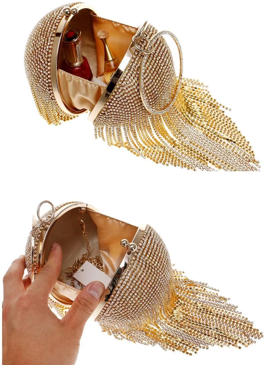 Round Ball Clutch Purse Women Crystal Evening Bag Tassel Wedding Party Handbag