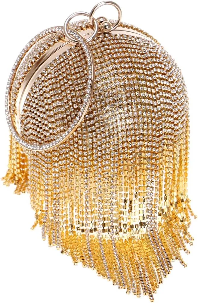 Round Ball Clutch Purse Women Crystal Evening Bag Tassel Wedding Party Handbag