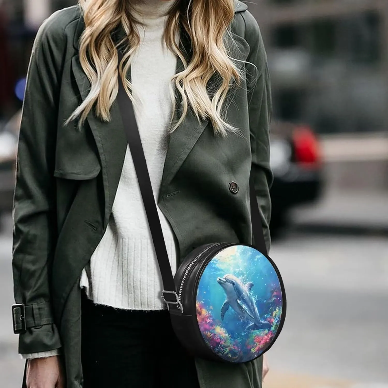 Round Crossbody Bags for Women, Leather Circle Purse Zipper Small Shoulder Bag with Adjustable Straps