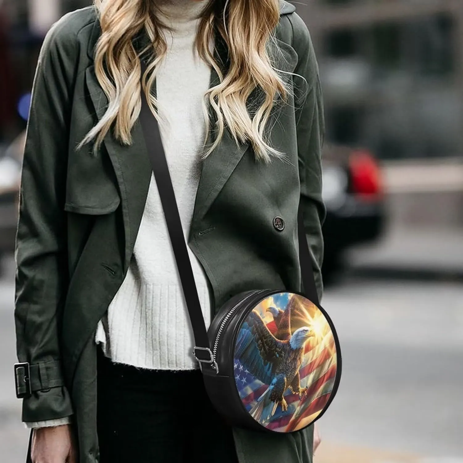Round Crossbody Bags for Women, Leather Circle Purse Zipper Small Shoulder Bag with Adjustable Straps
