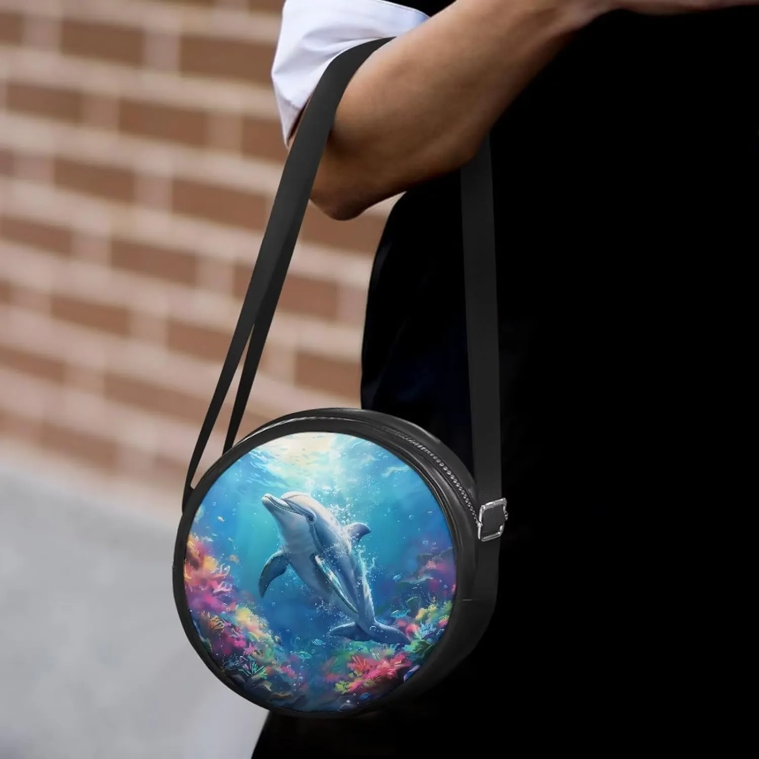 Round Crossbody Bags for Women, Leather Circle Purse Zipper Small Shoulder Bag with Adjustable Straps