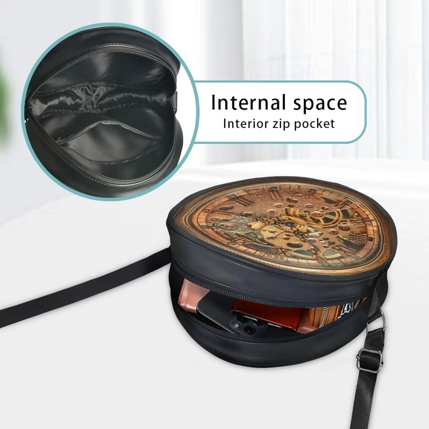 Round Crossbody Bags for Women, Leather Circle Purse Zipper Small Shoulder Bag with Adjustable Straps