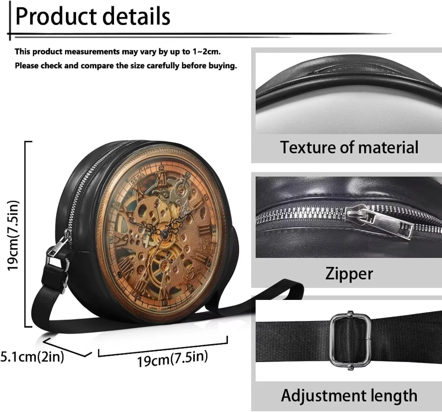 Round Crossbody Bags for Women, Leather Circle Purse Zipper Small Shoulder Bag with Adjustable Straps