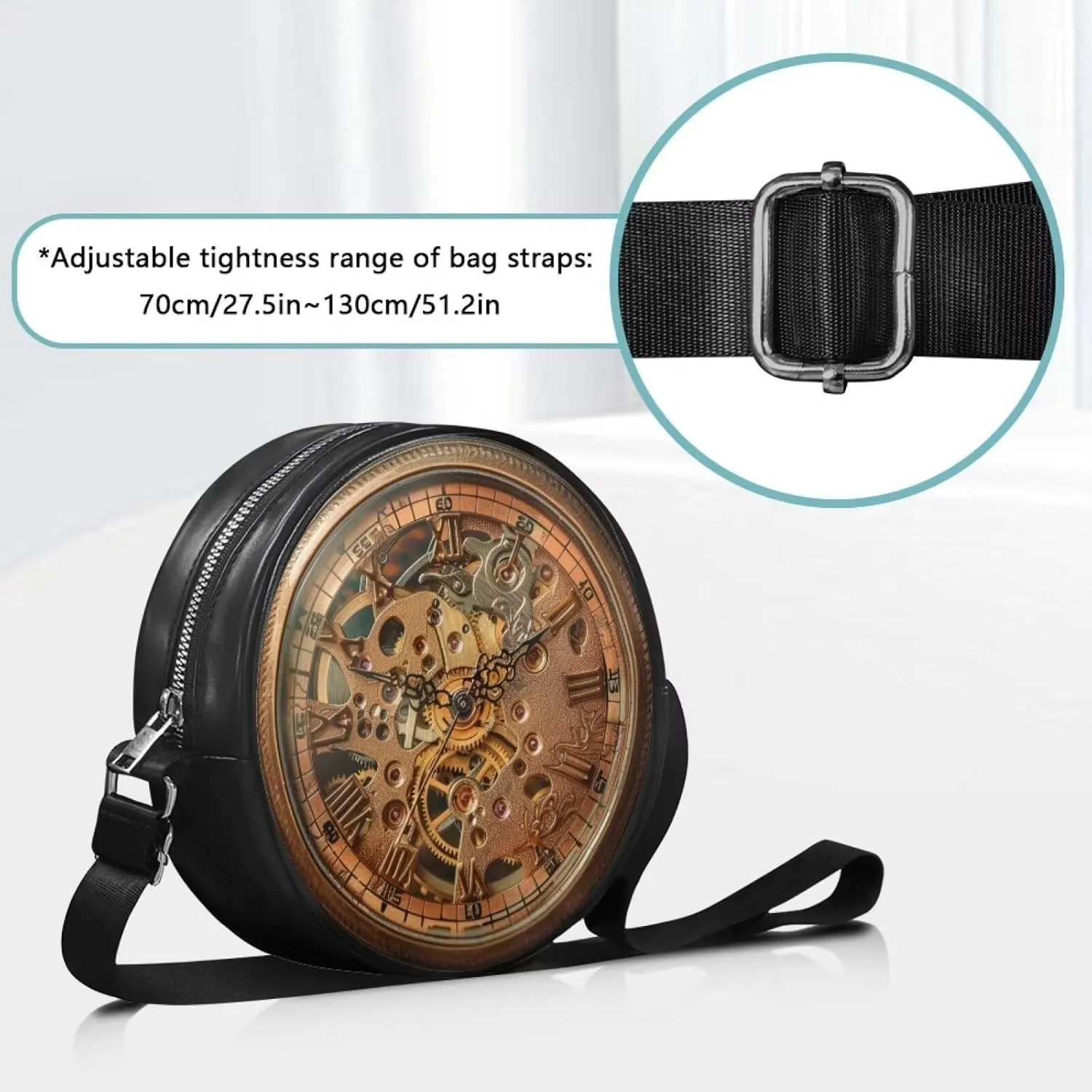 Round Crossbody Bags for Women, Leather Circle Purse Zipper Small Shoulder Bag with Adjustable Straps