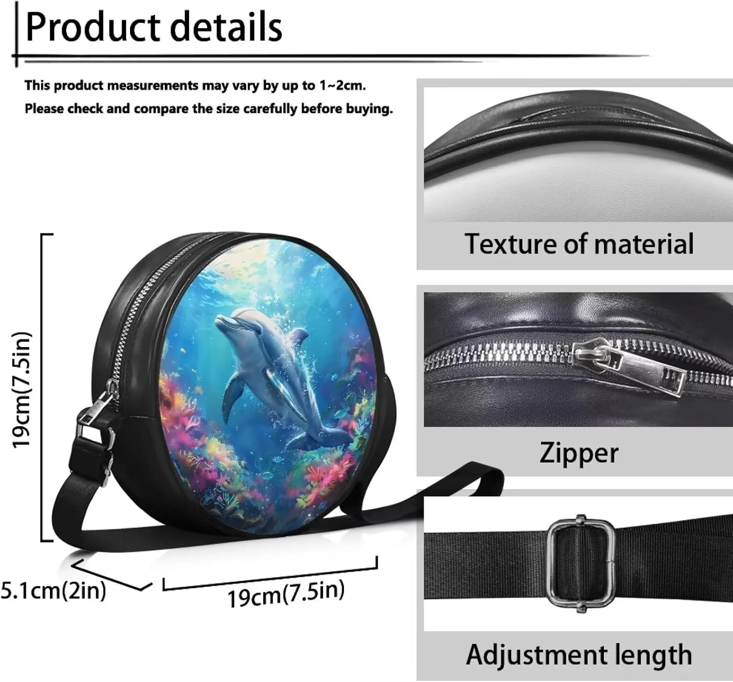 Round Crossbody Bags for Women, Leather Circle Purse Zipper Small Shoulder Bag with Adjustable Straps