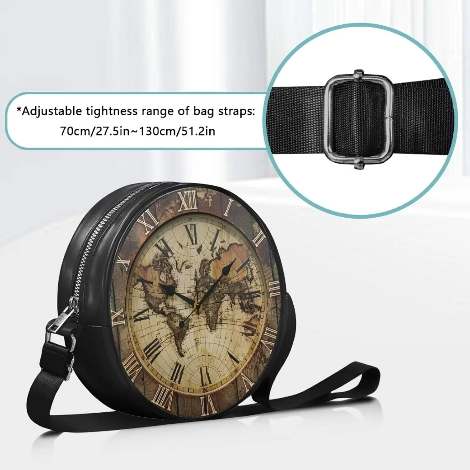 Round Crossbody Bags for Women, Leather Circle Purse Zipper Small Shoulder Bag with Adjustable Straps