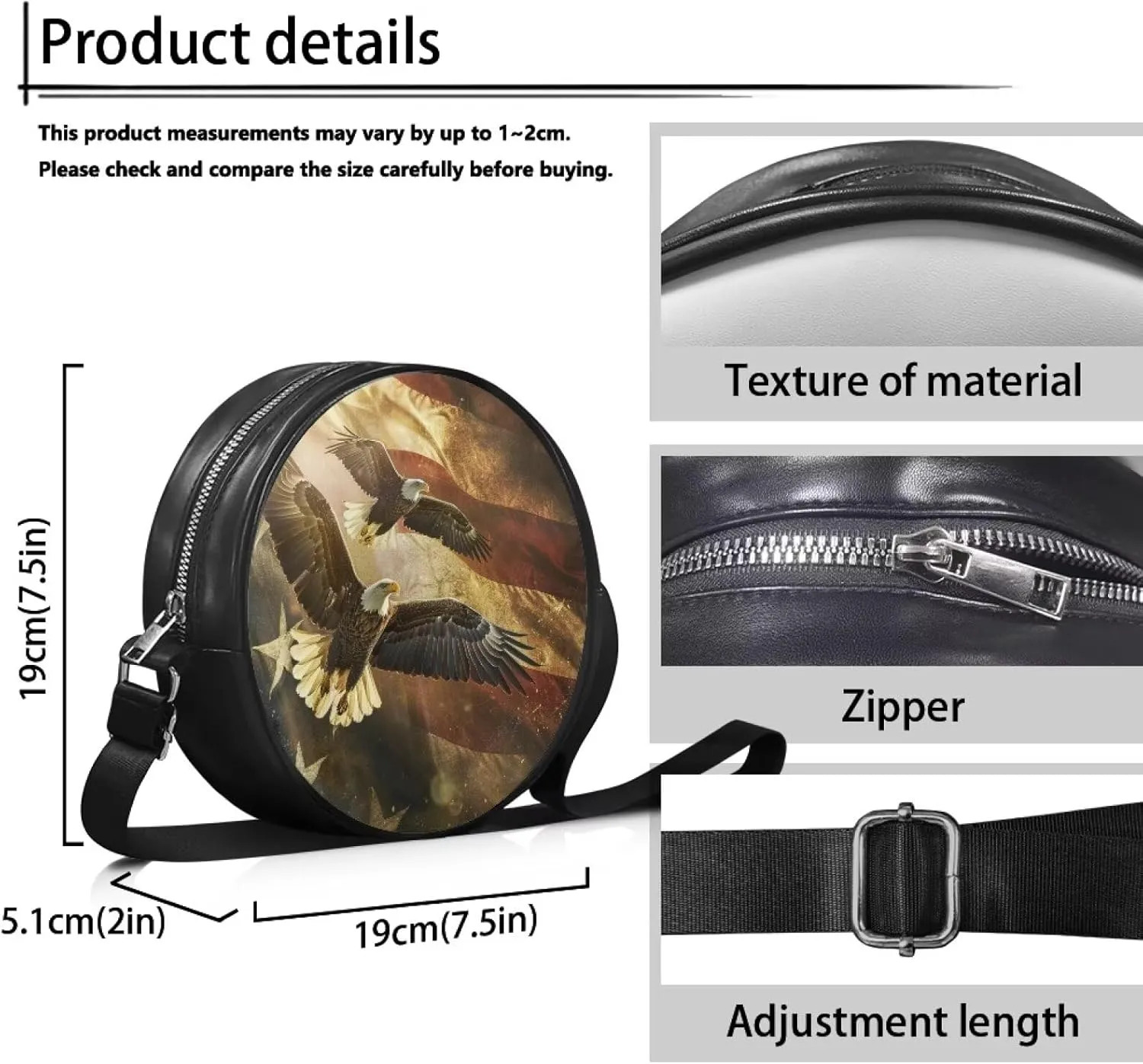 Round Crossbody Bags for Women, Leather Circle Purse Zipper Small Shoulder Bag with Adjustable Straps