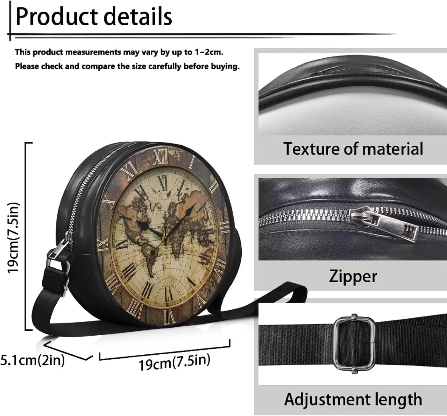 Round Crossbody Bags for Women, Leather Circle Purse Zipper Small Shoulder Bag with Adjustable Straps