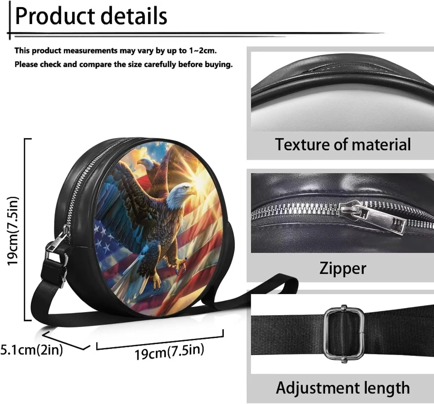 Round Crossbody Bags for Women, Leather Circle Purse Zipper Small Shoulder Bag with Adjustable Straps