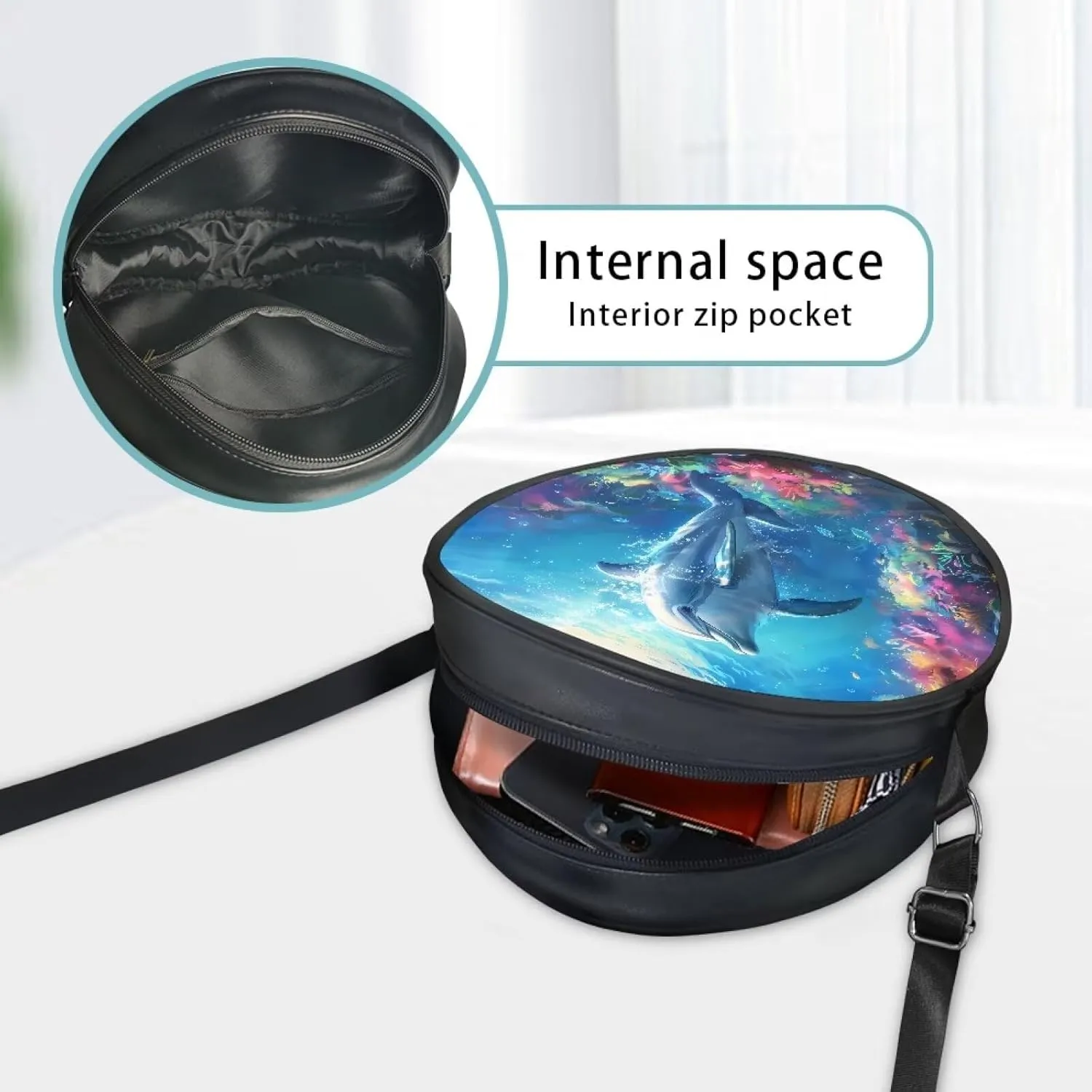 Round Crossbody Bags for Women, Leather Circle Purse Zipper Small Shoulder Bag with Adjustable Straps