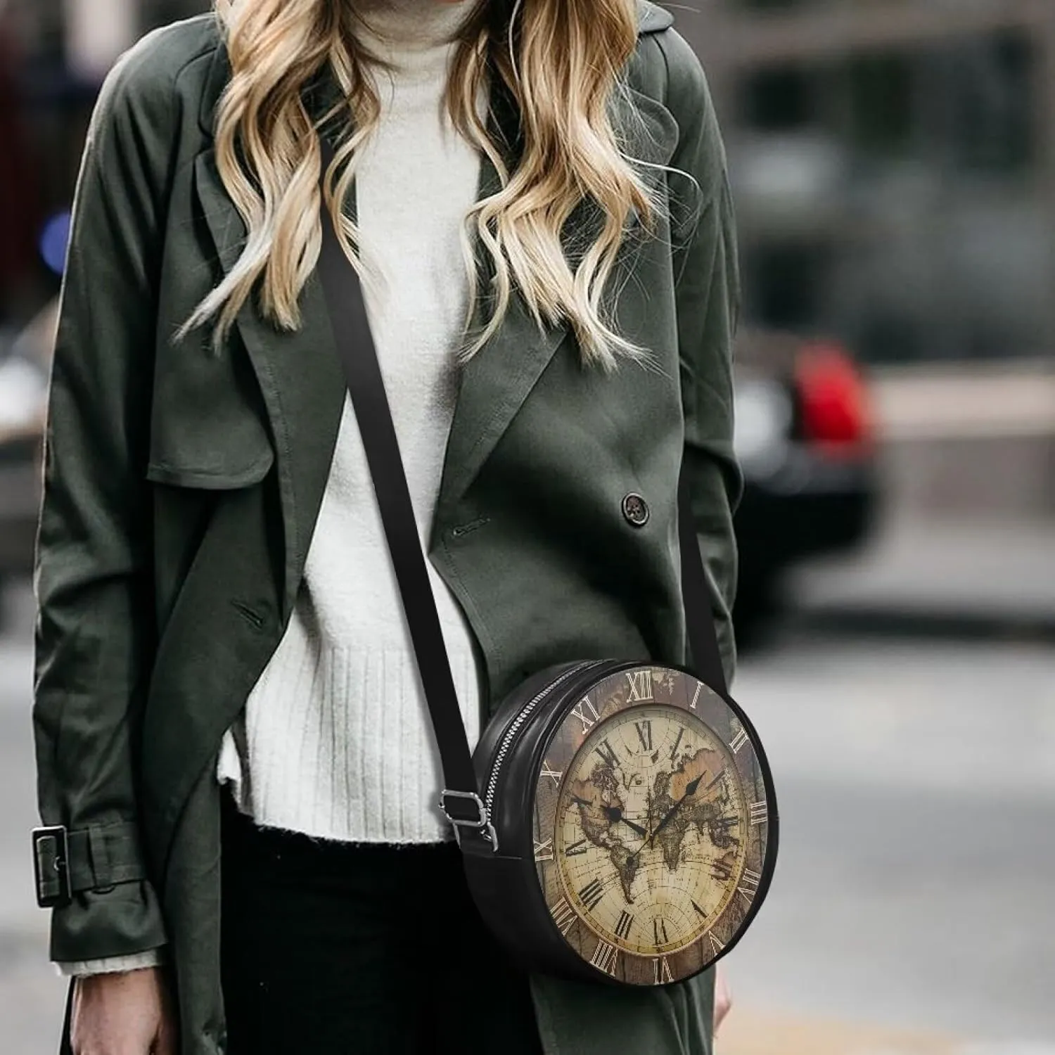 Round Crossbody Bags for Women, Leather Circle Purse Zipper Small Shoulder Bag with Adjustable Straps