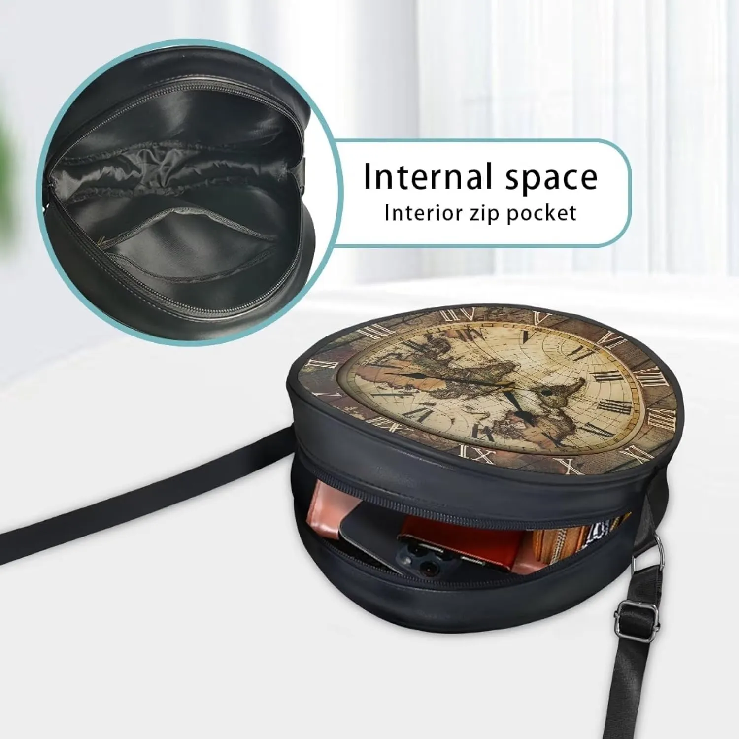 Round Crossbody Bags for Women, Leather Circle Purse Zipper Small Shoulder Bag with Adjustable Straps