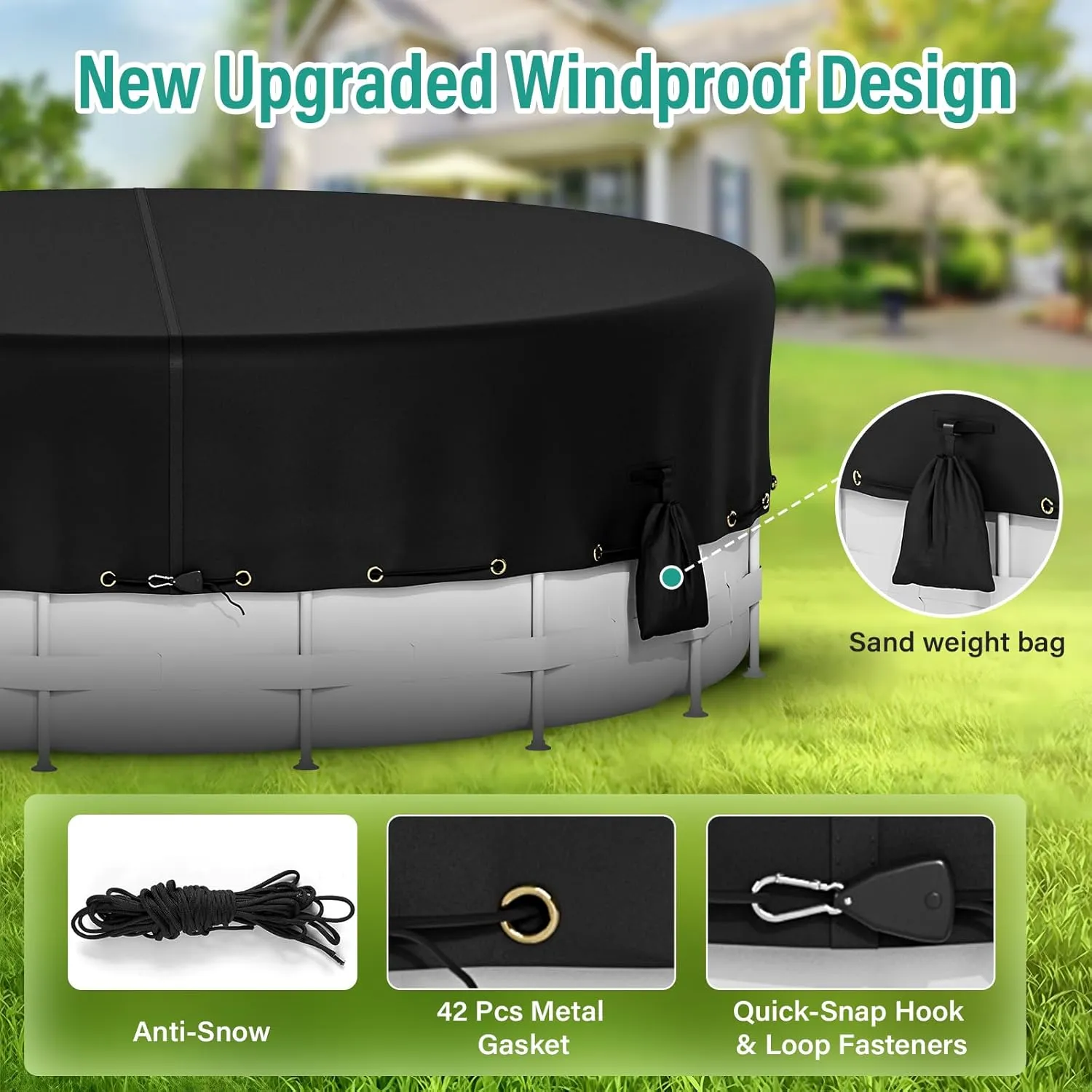 Round Pool Cover, 600D Oxford Cloth Pool Covers for Above Ground Pools, Pool Solar Cover W/4 Weight sandbags, Waterproof Dustproof Swimming Stock Tank Pool Protector (Black, 18 FT)